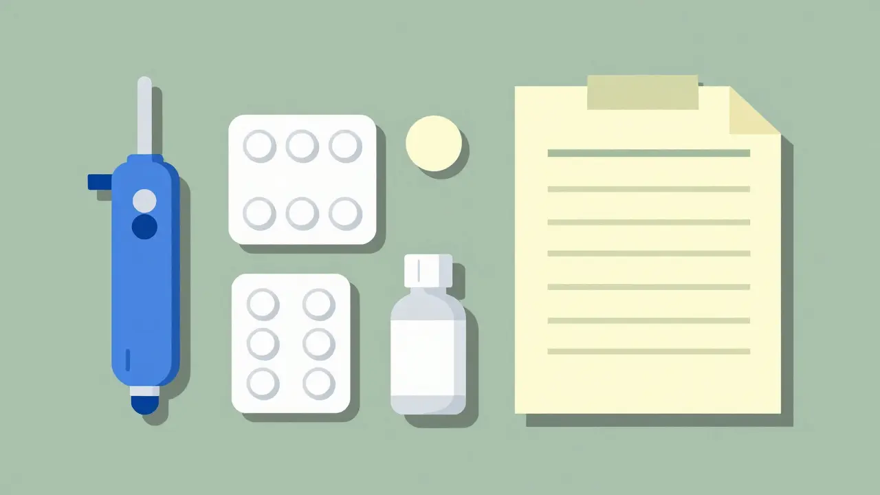 Organized medicine safety items including injector and folder