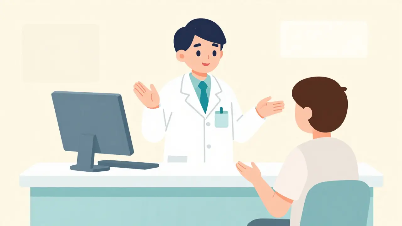 Pharmacist counseling a patient about medication safety.