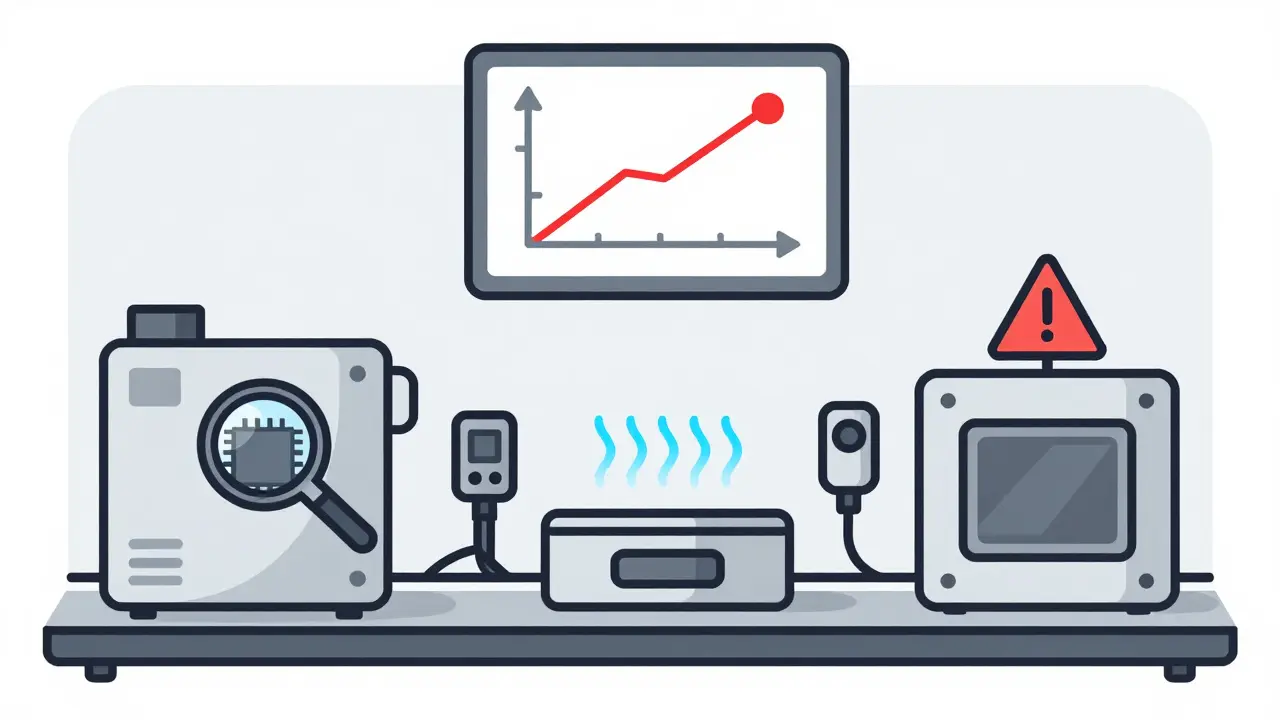 Production line with three machines showing inspection, monitoring, and a warning signal.