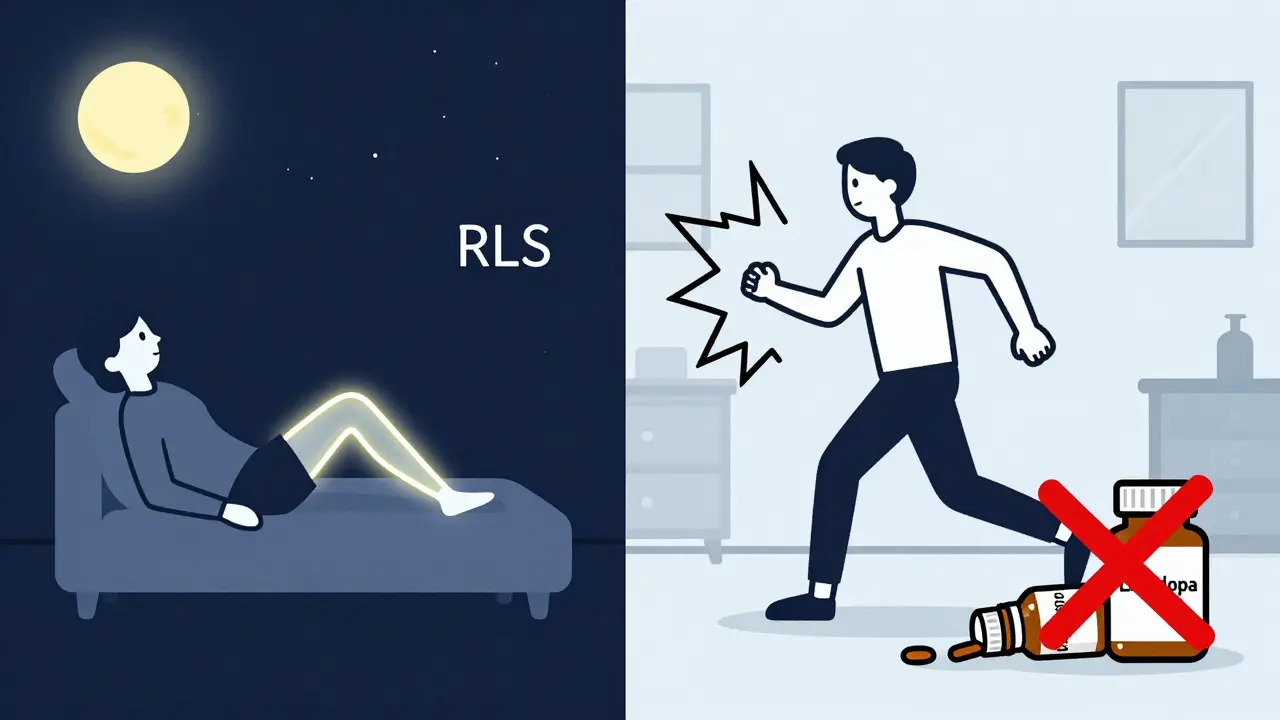 Side-by-side comparison: one person at night with calm leg glow (RLS), another pacing by day with jagged lines from antipsychotic medication.