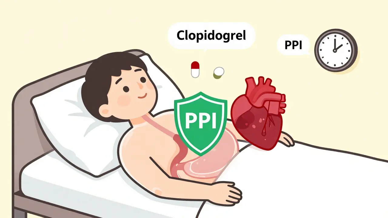 Transparent patient body showing PPI shield protecting stomach while antiplatelet pill protects heart.