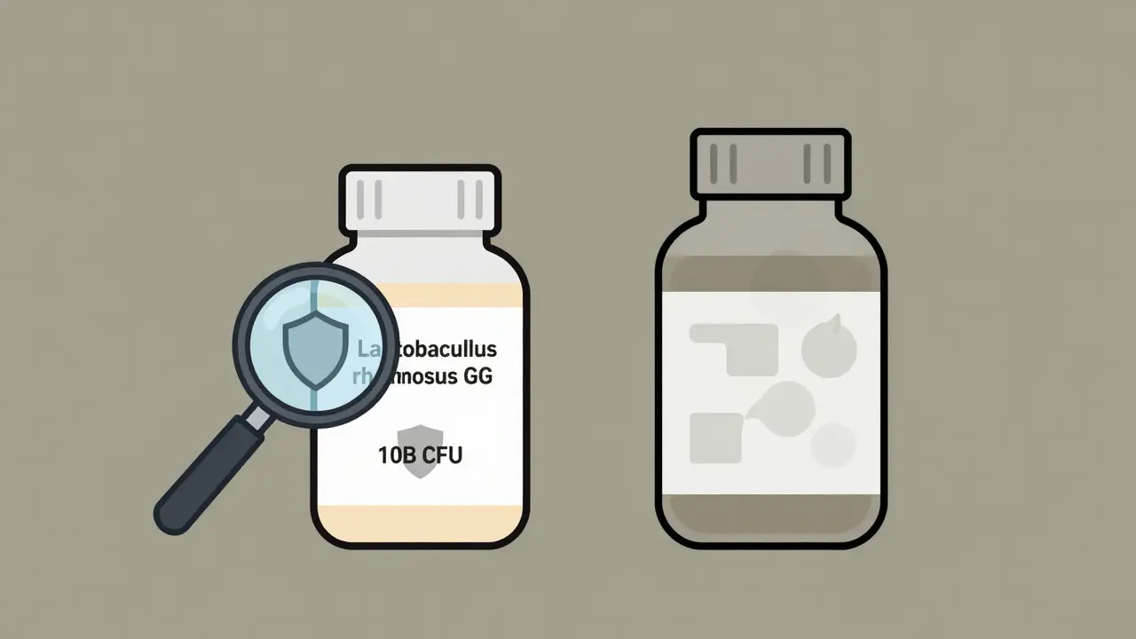 Two probiotic bottles side by side: one with a single proven strain, the other chaotic and unclear.