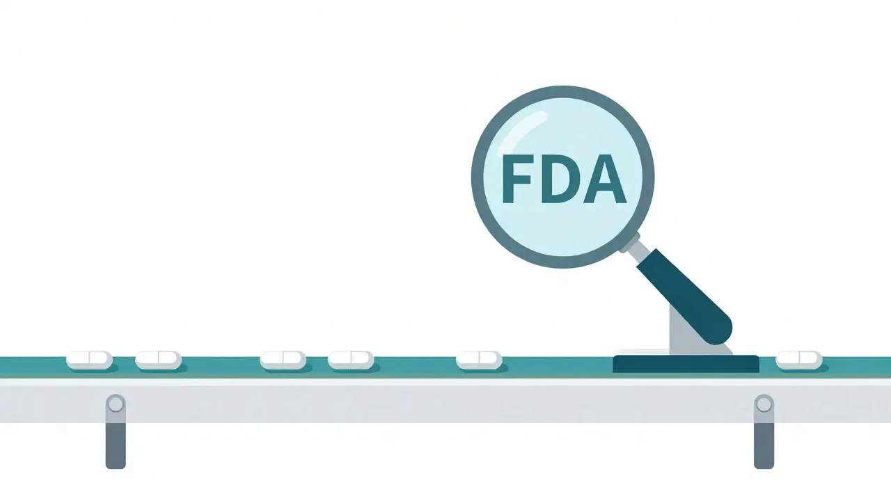 A minimalist conveyor belt of capsules under a magnifying glass inspection.