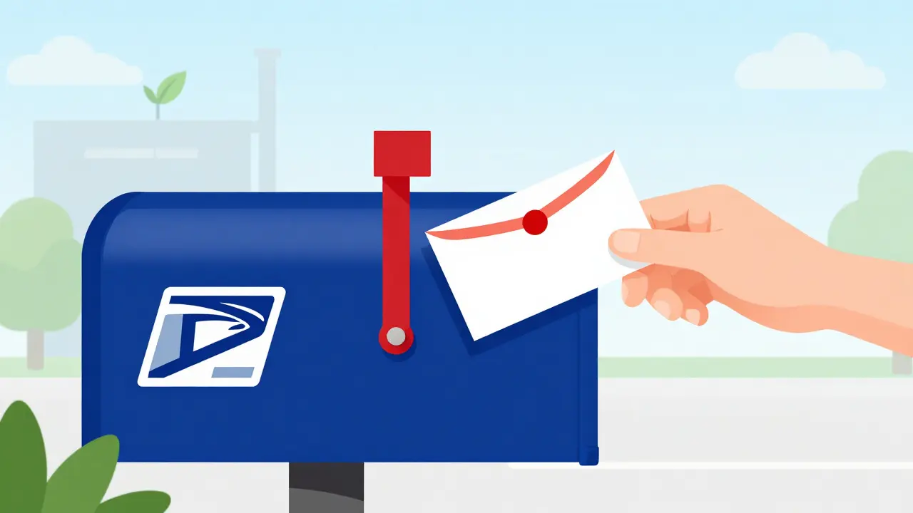 A sealed medication disposal envelope being dropped into a blue US postal service mailbox