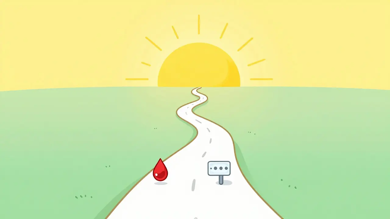 A winding path with medical symbols leading toward a bright sun symbolizing recovery.