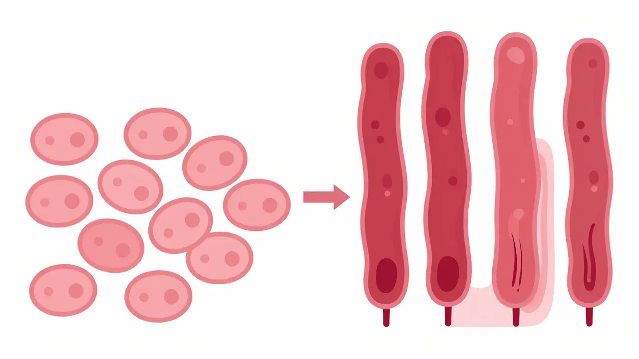 Cartoon depiction of the cellular change from esophageal to stomach-like lining.