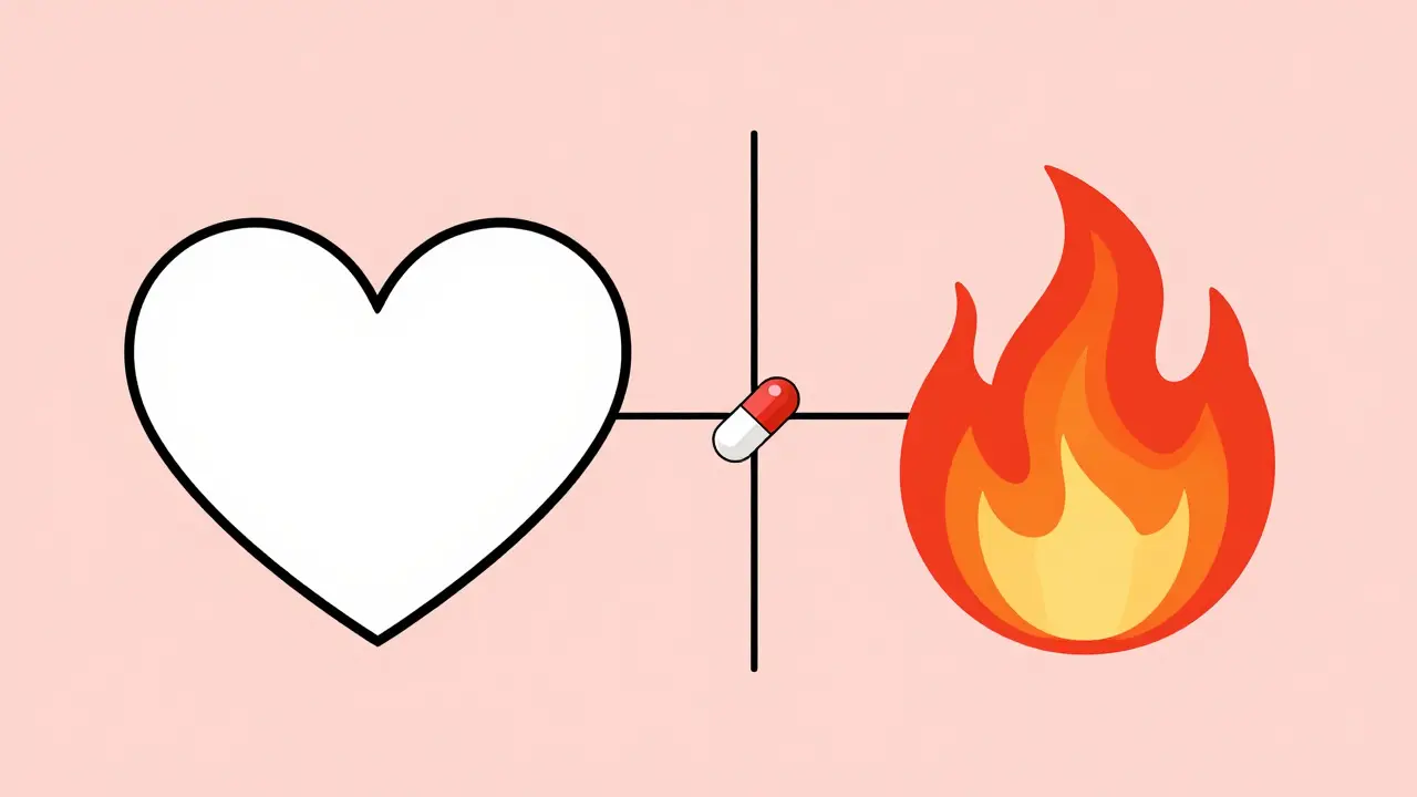 Conceptual split between a heart symbol and a desire flame separated by a pill