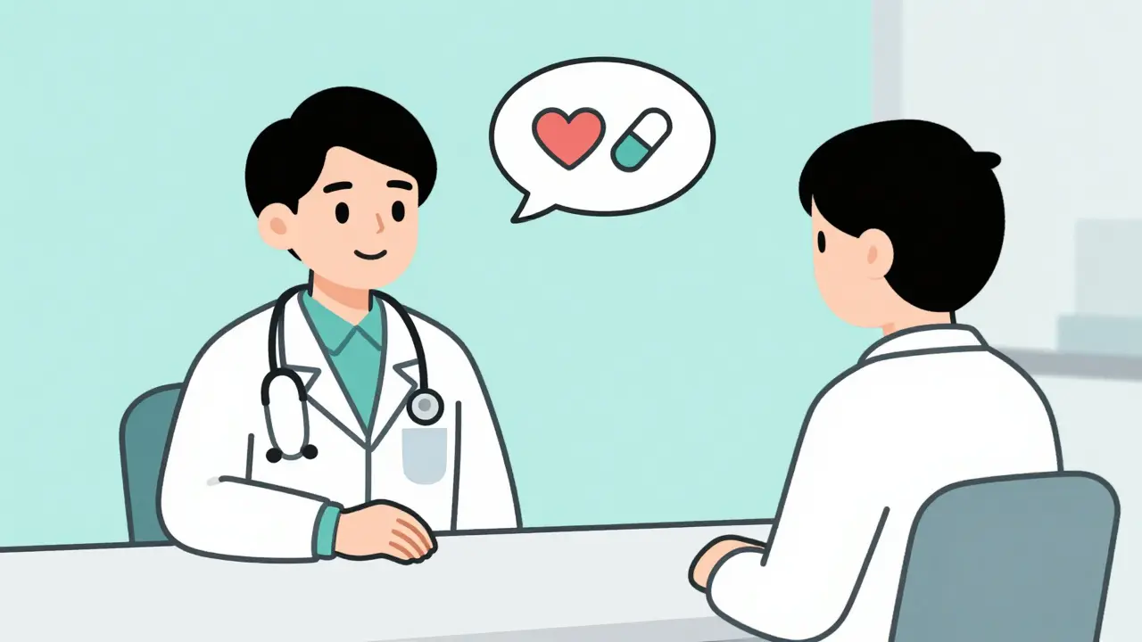 Doctor and patient discussing medication side effects in a clinical setting