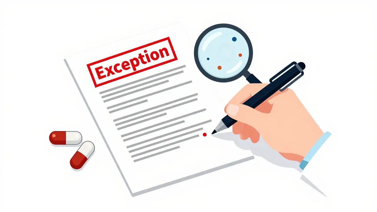 Doctor signing a medical necessity exception form next to brand and generic pills