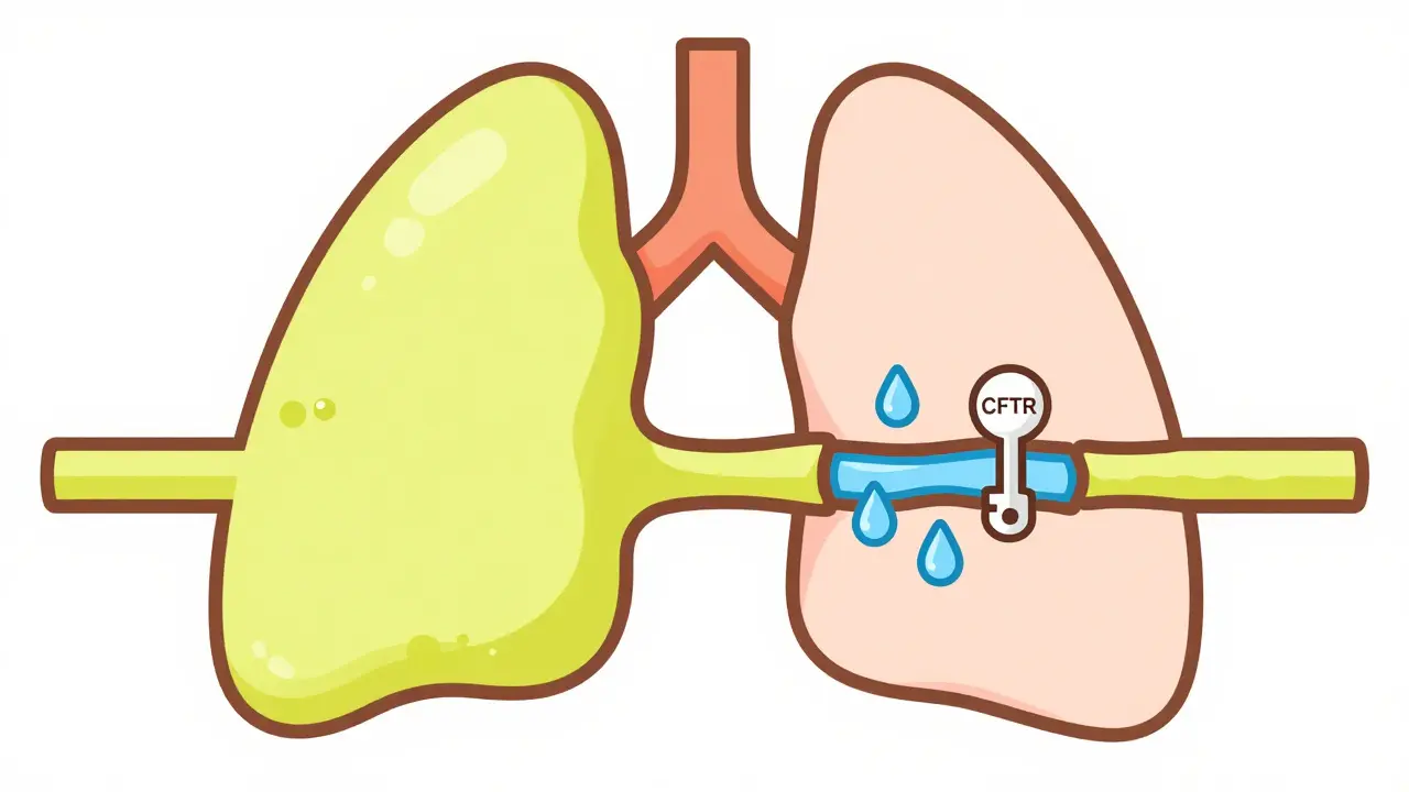 Illustration showing a modulator drug unlocking a cellular gateway in the lungs.