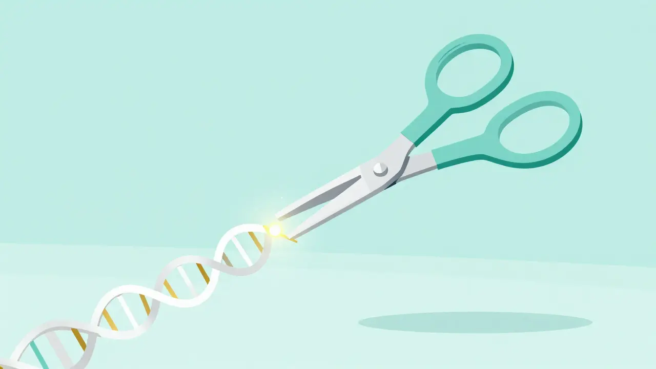 Minimalist depiction of molecular scissors editing a DNA strand for a cure.
