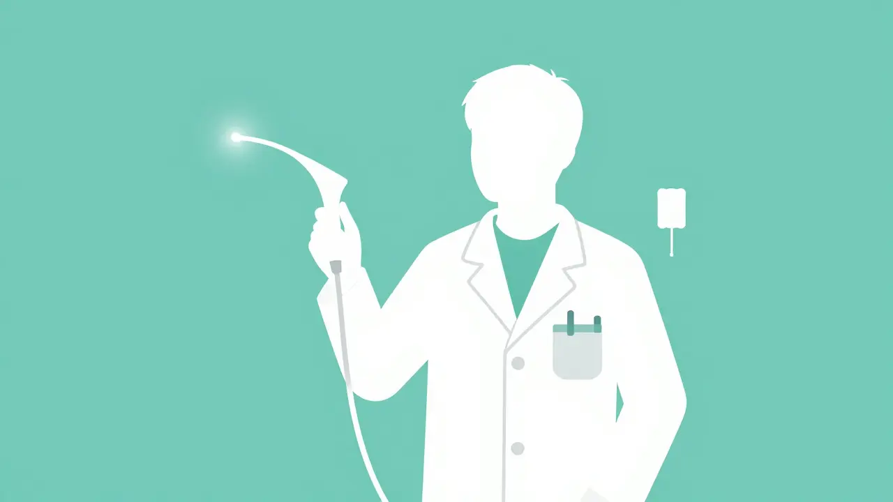 Minimalist illustration of an endoscope and a Cytosponge for medical screening.
