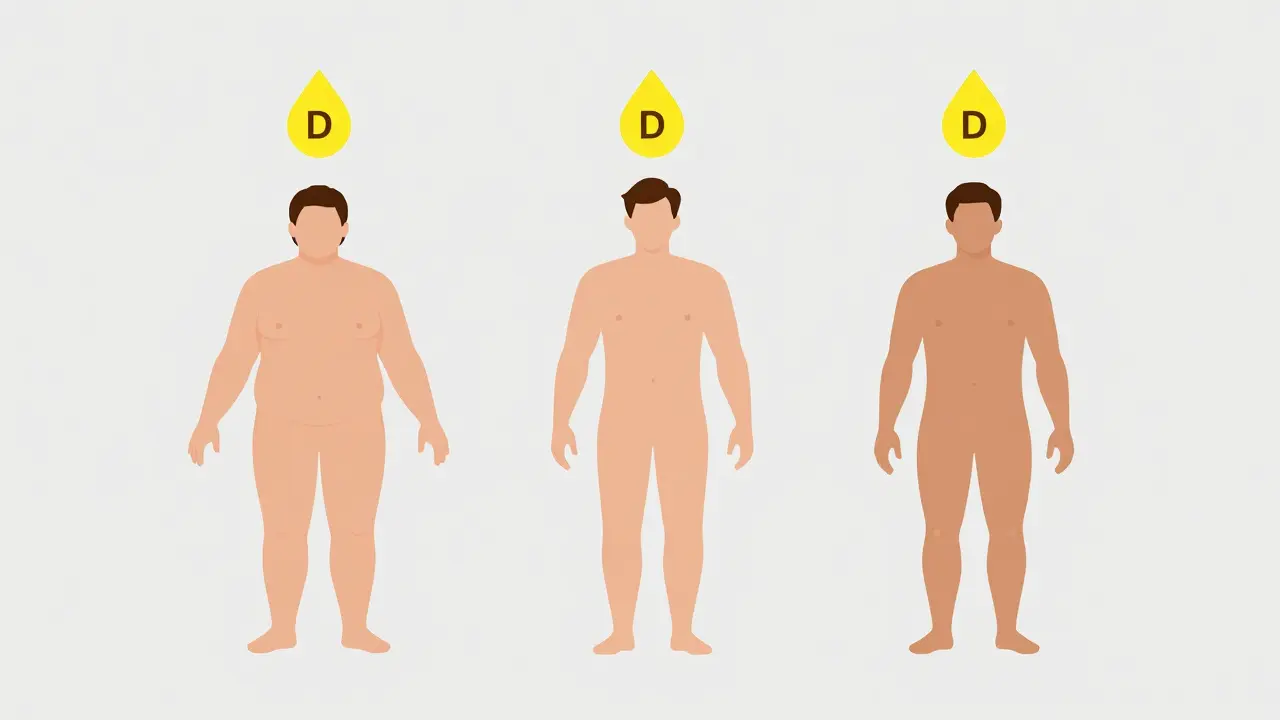 Minimalist illustration of three different body types with varying Vitamin D dose requirements.