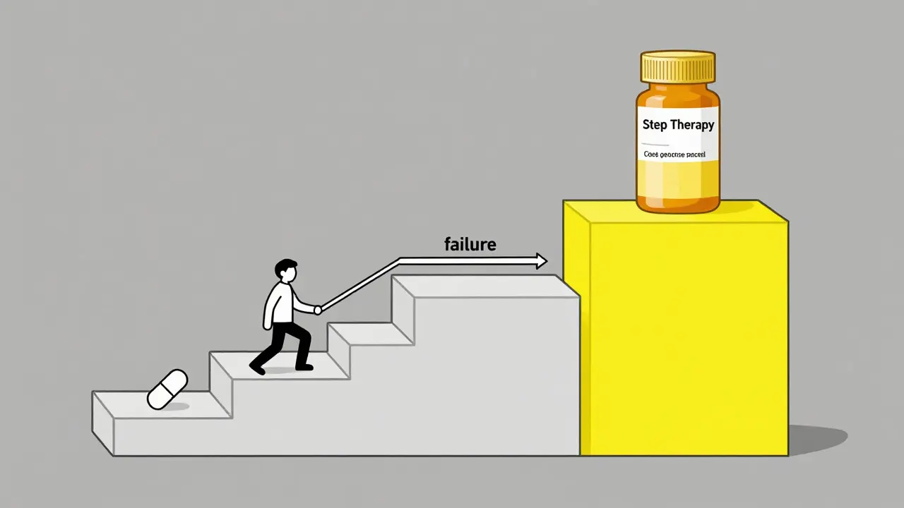 Person climbing a staircase representing the step therapy process to reach a brand-name medication