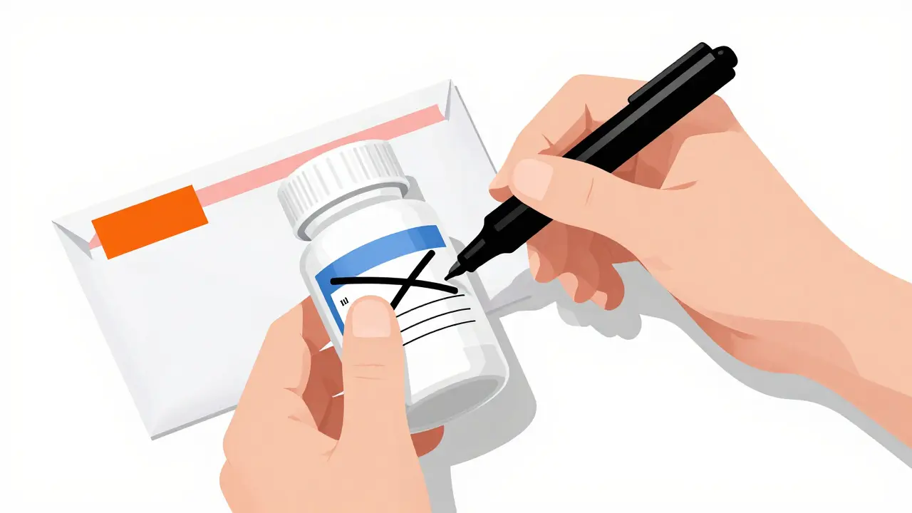 Person using a black marker to hide personal details on a pill bottle before placing it in a disposal envelope