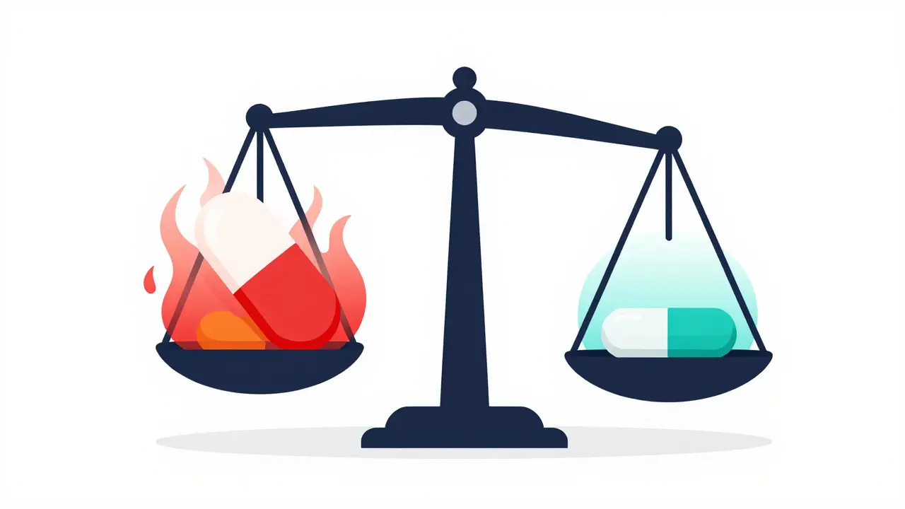 Simplified scale balancing two different types of medication pills.