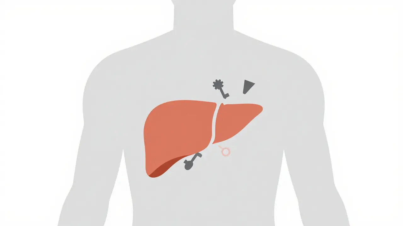 Abstract minimalist art depicting feverfew blocking liver enzymes inside a human body silhouette.