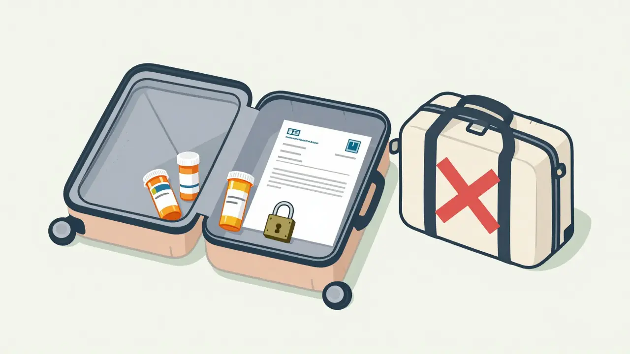 Carry-on suitcase packed with meds and documents, checked bag marked unsafe