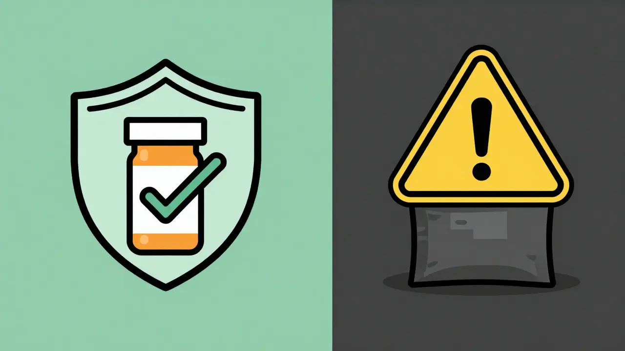 Conceptual art contrasting safe pharmacy practices with risky online drug scams.