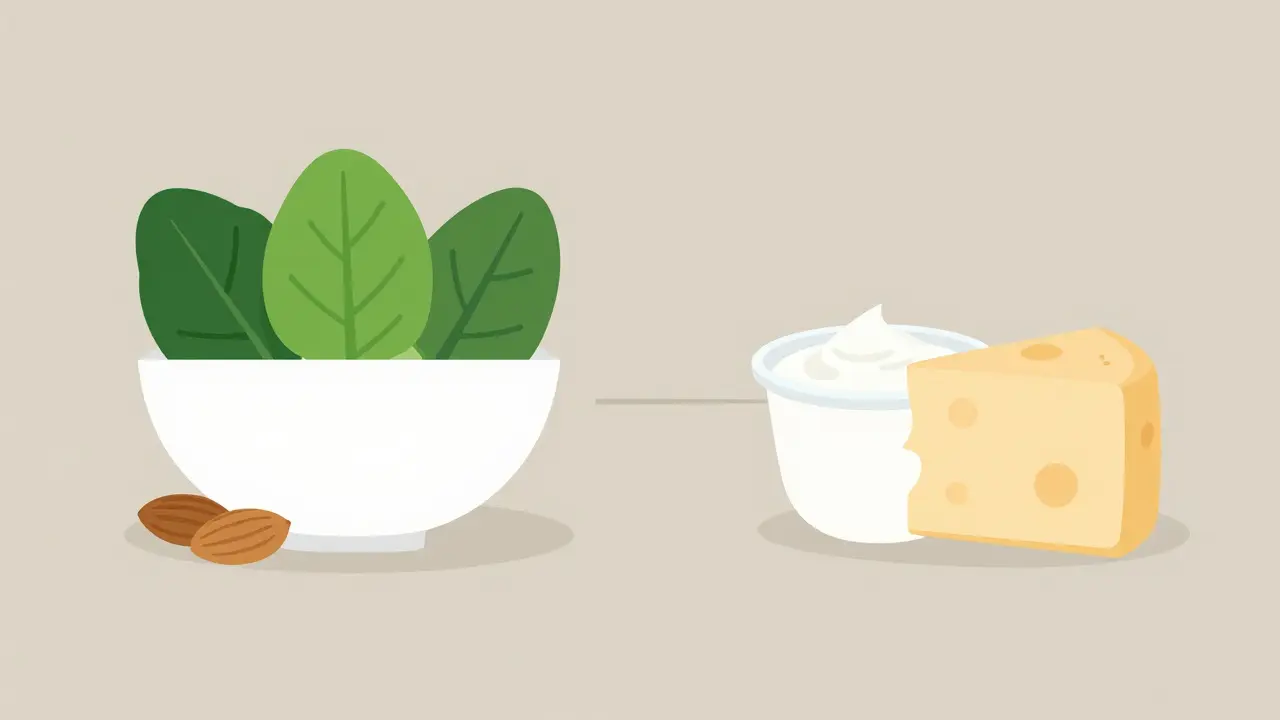 Flat illustration showing spinach and dairy products side-by-side to illustrate dietary pairing.