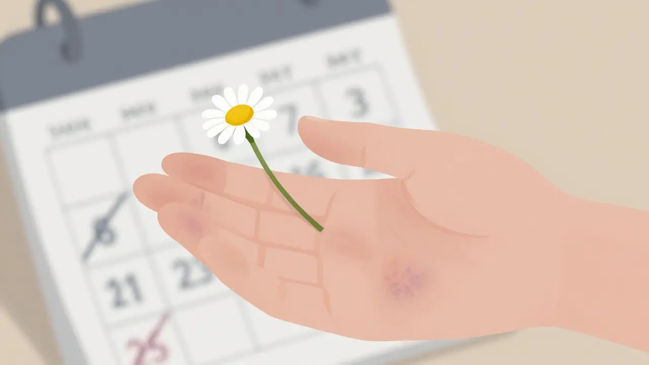 Hand holding feverfew flower with subtle bruising marks, symbolizing bleeding risk and surgery prep.