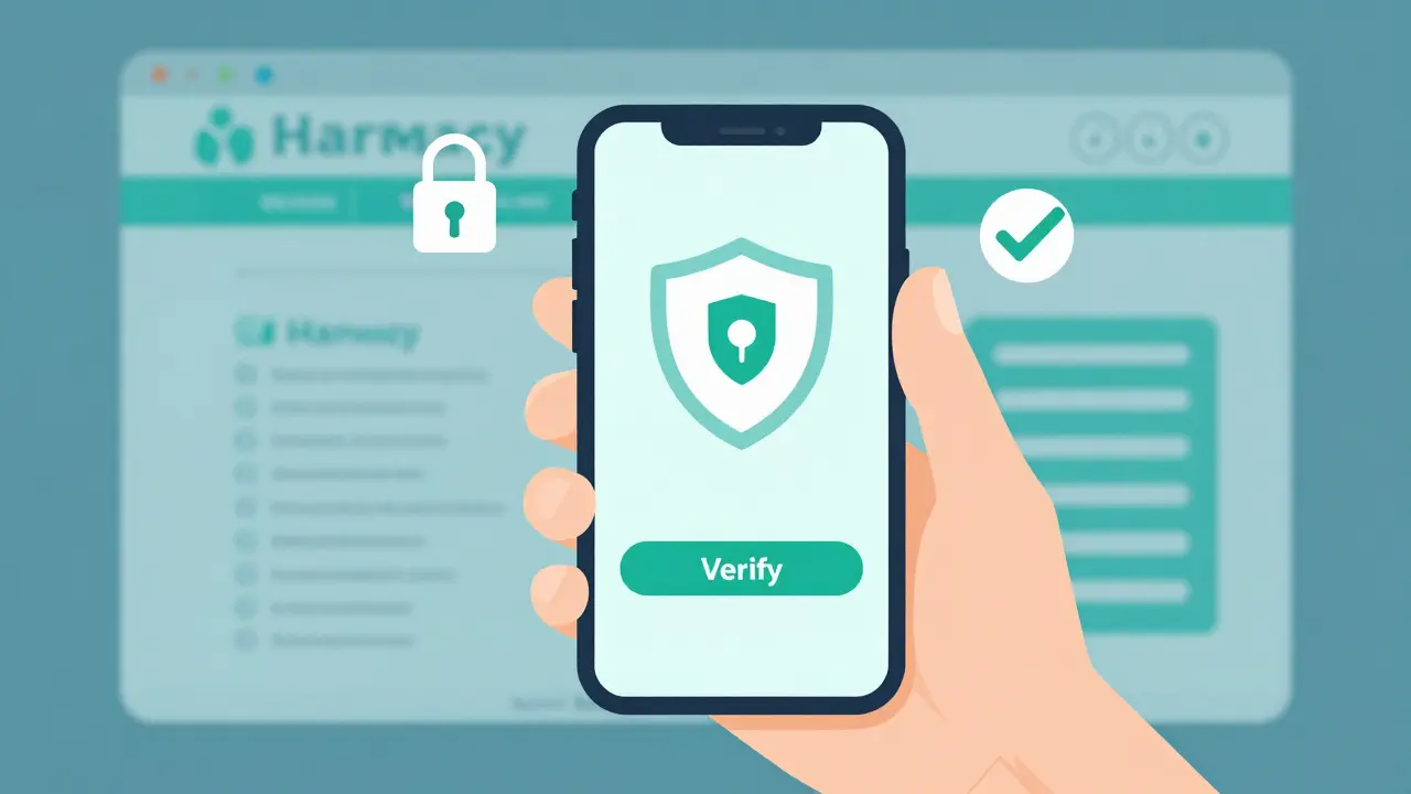 Hand verifying safe online pharmacy purchase