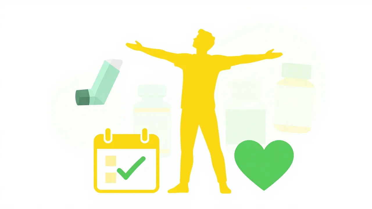 Illustration of a person breathing freely as medication icons fade away.