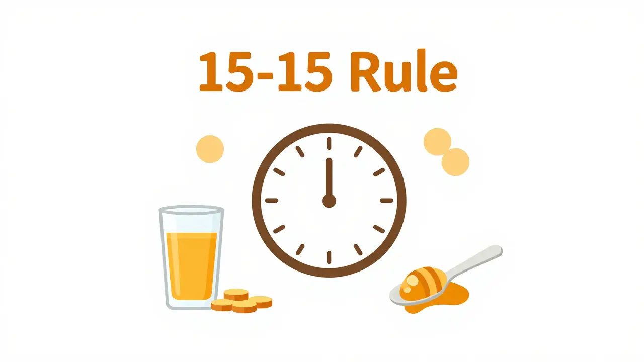 Illustration of juice, glucose tablets, and honey representing the 15-15 rule treatment