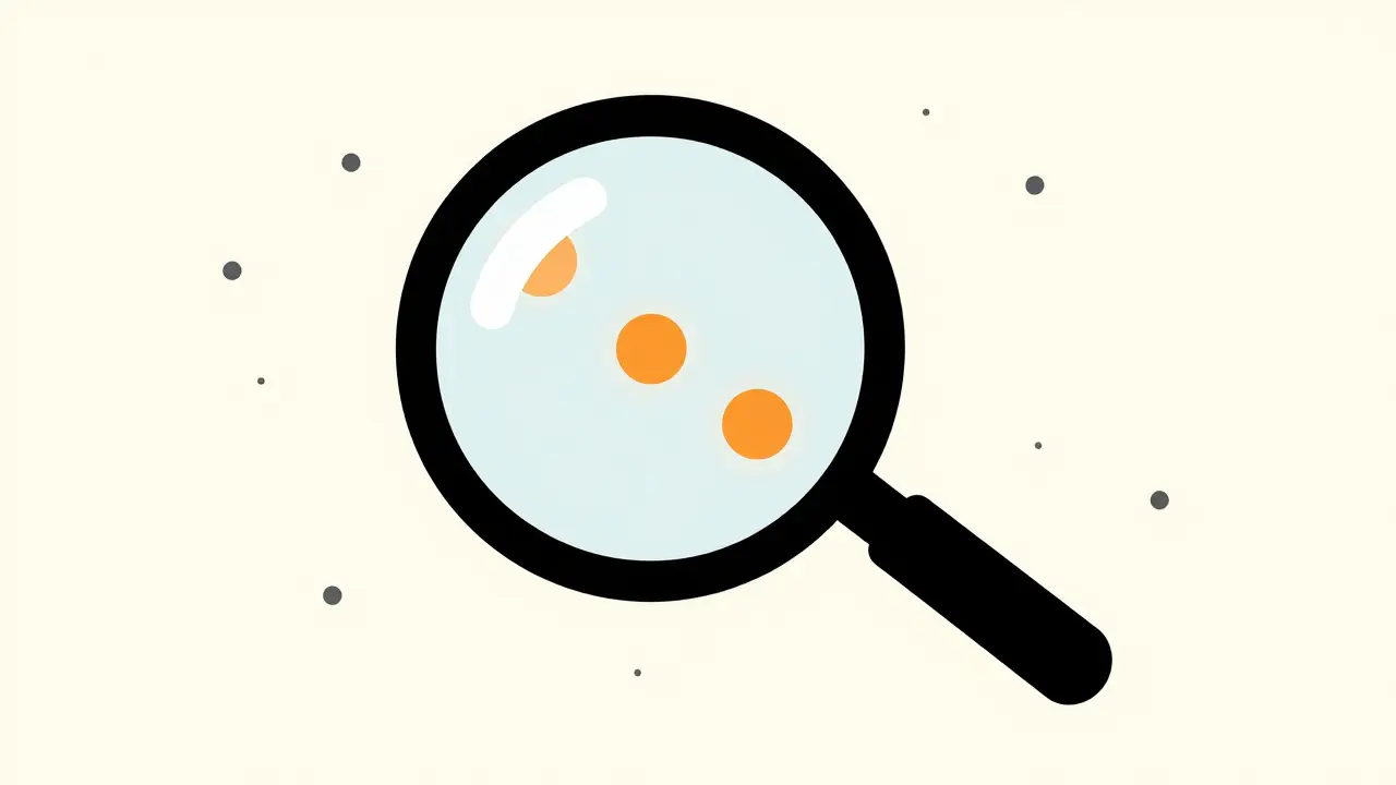 Magnifying glass highlighting orange anomalies in a field of gray data dots