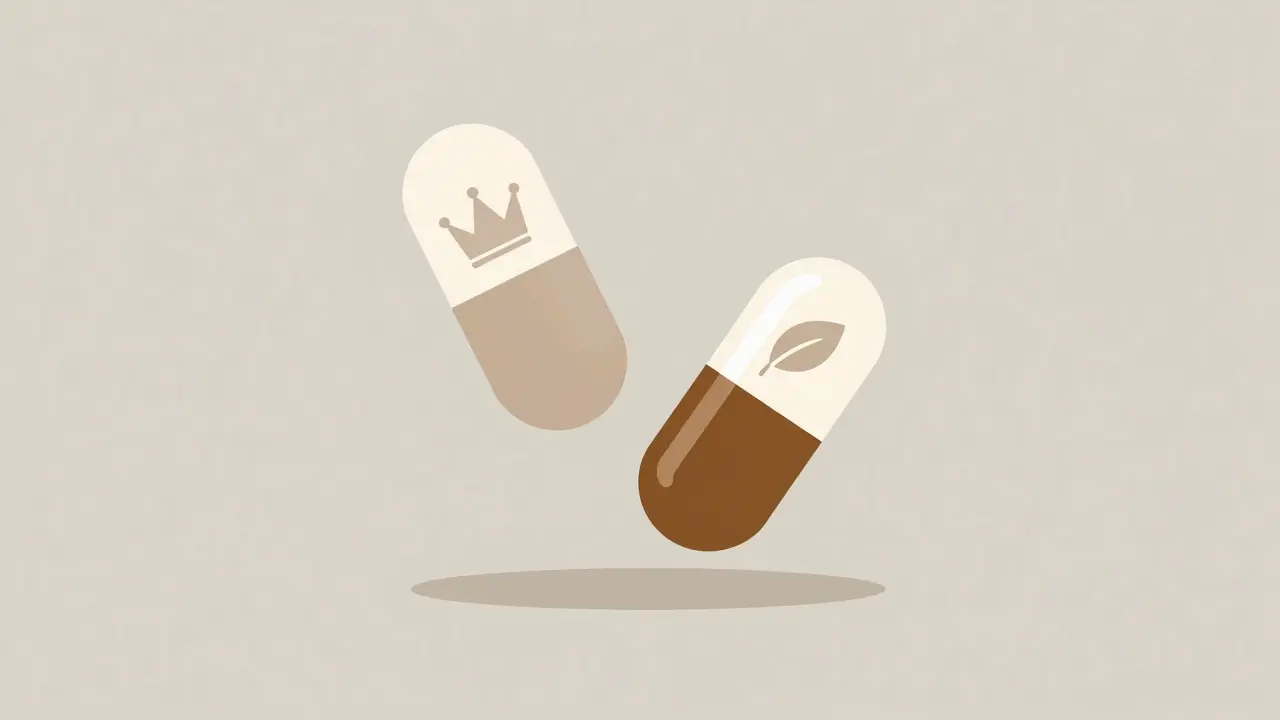 Minimalist graphic comparing brand-name and generic medication capsules side by side.