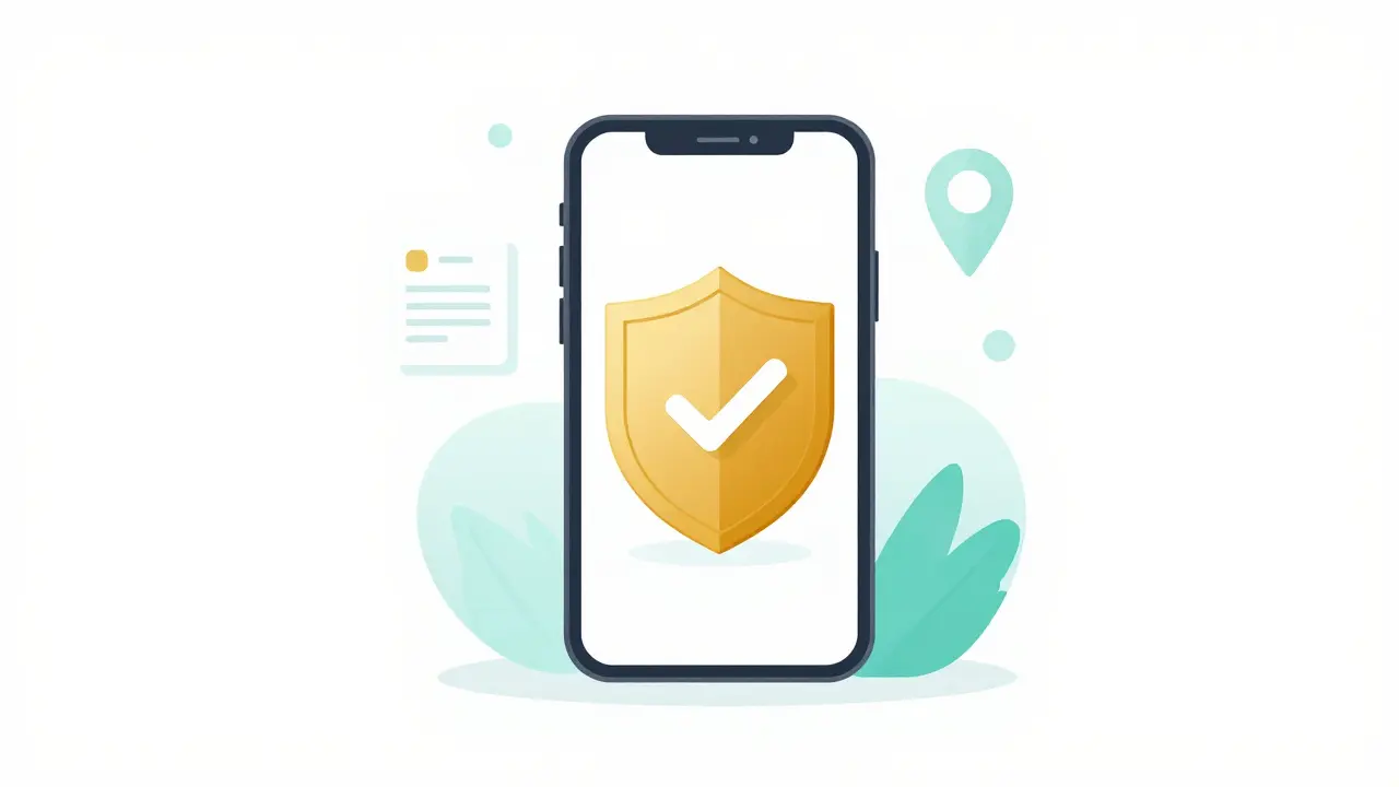 Minimalist graphic showing a smartphone with a safety shield icon and medical symbols