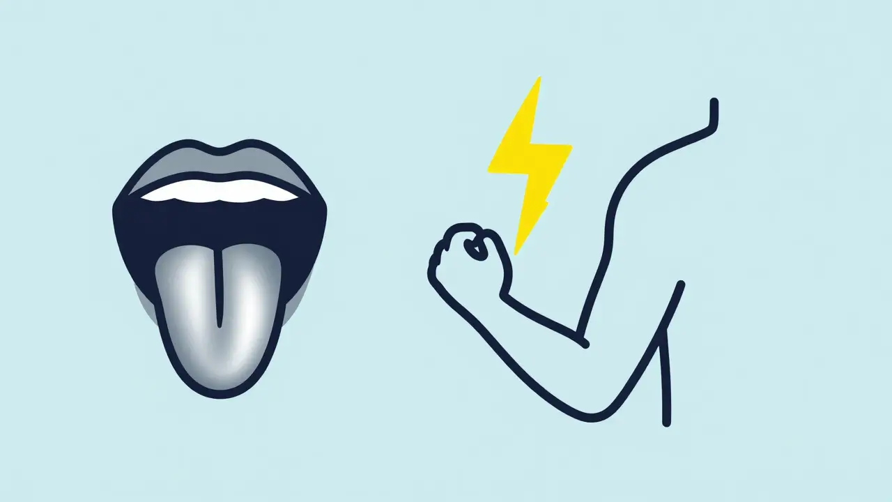 Minimalist icons depicting metallic taste and skin itching symptoms