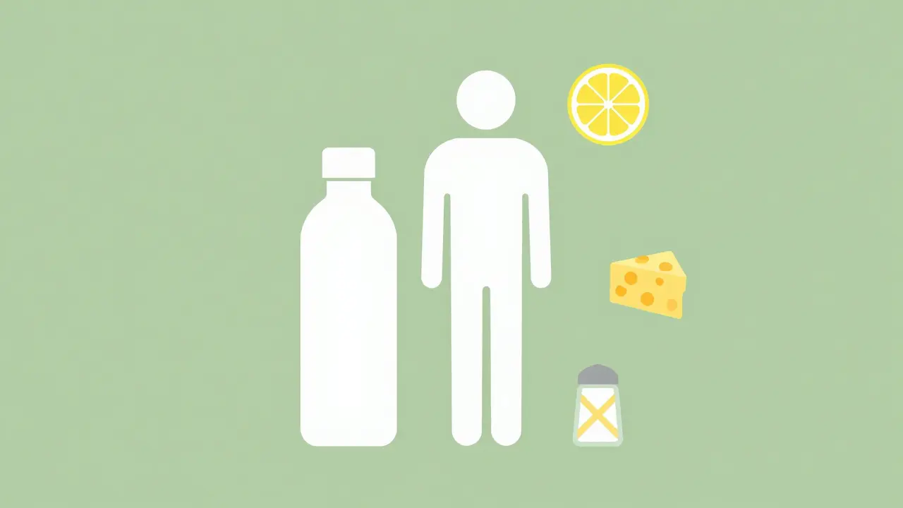Simple graphic of a water bottle and health icons symbolizing kidney stone prevention habits.