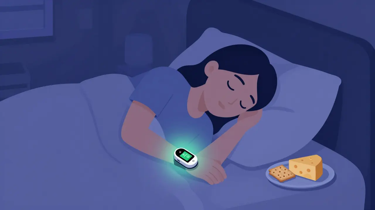 Sleeping person with glowing CGM watch and bedside snack for hypoglycemia prevention
