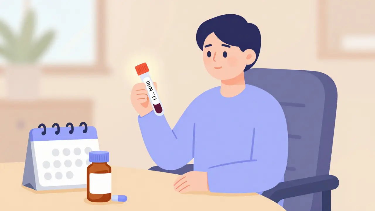Stylized drawing of a person holding a glowing test tube near a pill bottle