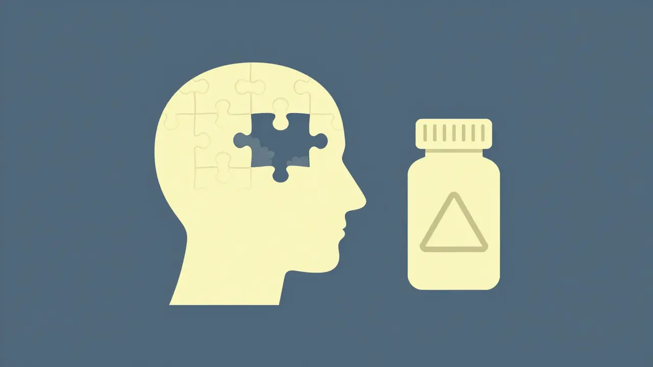 Stylized head with missing puzzle piece next to a pill bottle icon.