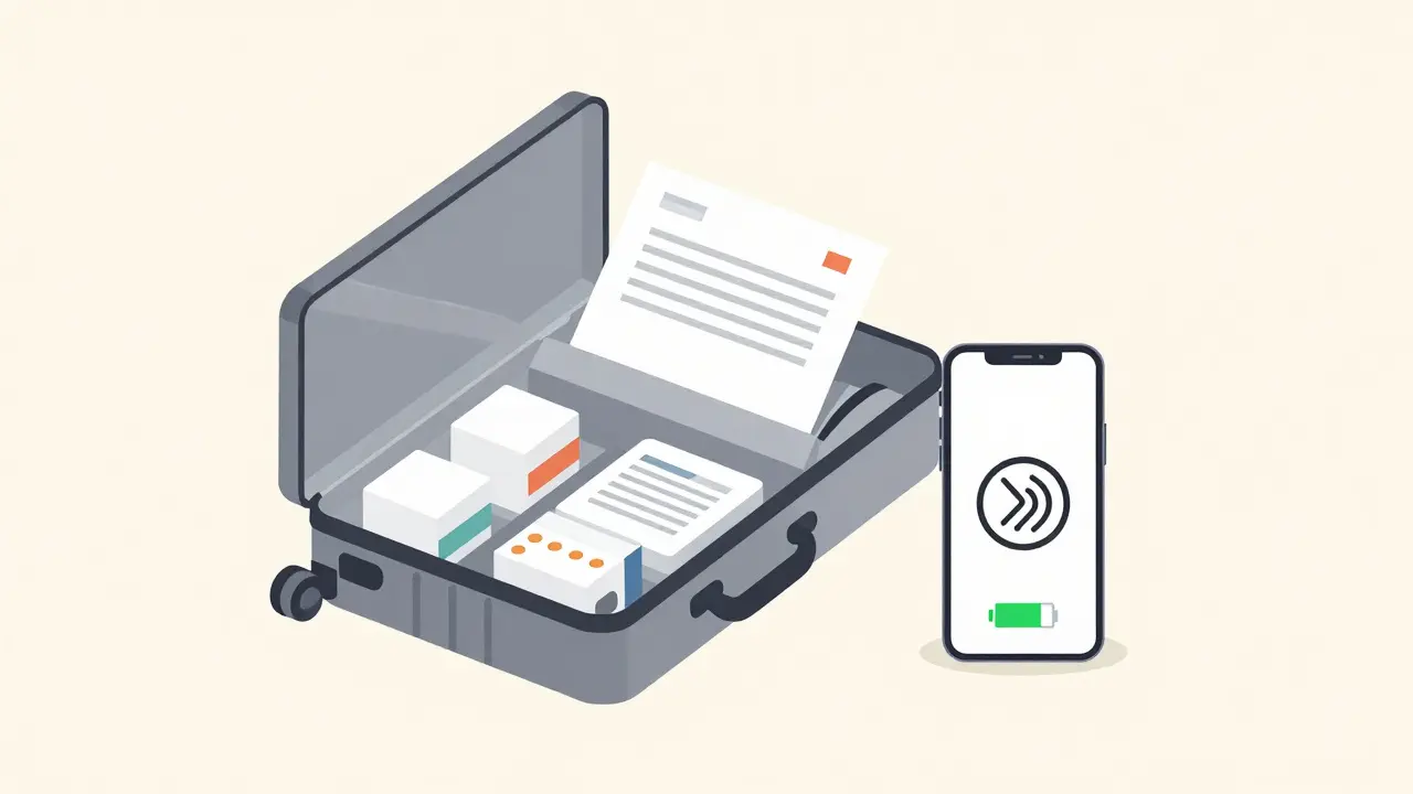 Traveler's medical kit with prescriptions and phone