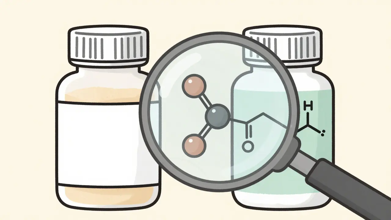 Two pill bottles showing same ingredient different brands