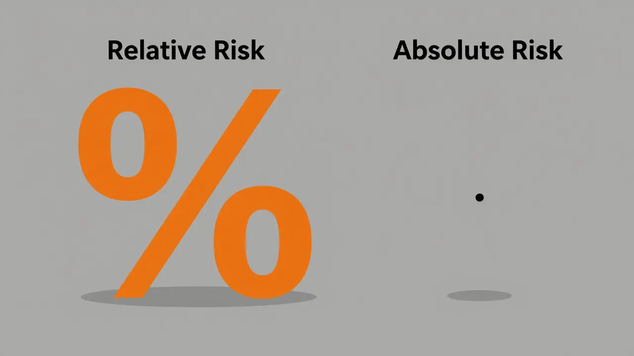 Abstract comparison of large relative risk vs small absolute risk