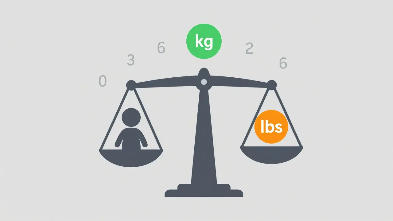 Balance scale comparing child weight with kg and lbs units