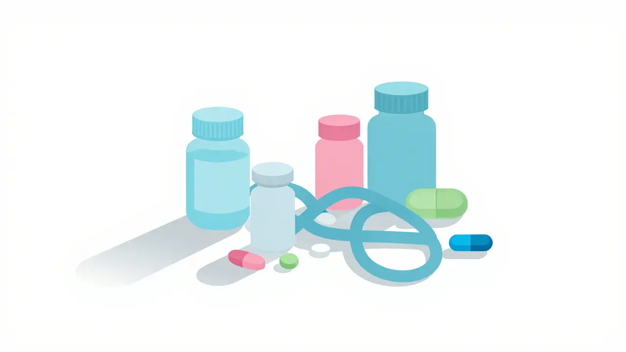 Chaotic pile of colorful pills casting tangled shadows
