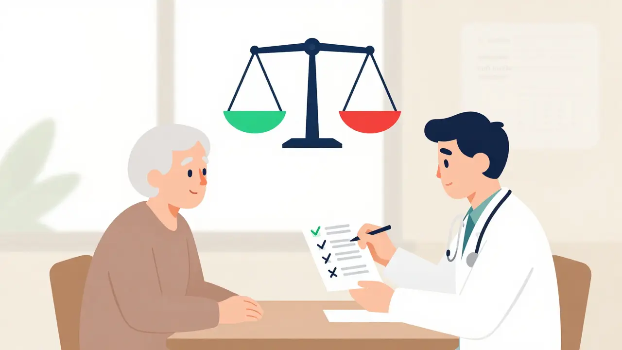 Doctor and patient reviewing medication safety to avoid high anticholinergic burden.