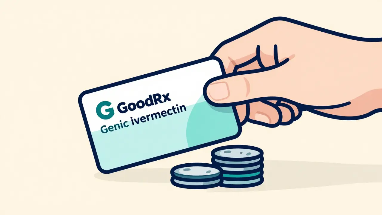 Hand holding discount card next to reduced pile of coins