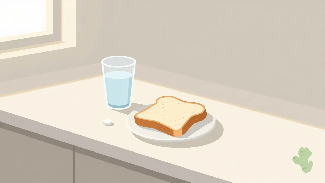 Minimalist drawing of toast, water, and a pill on a morning counter