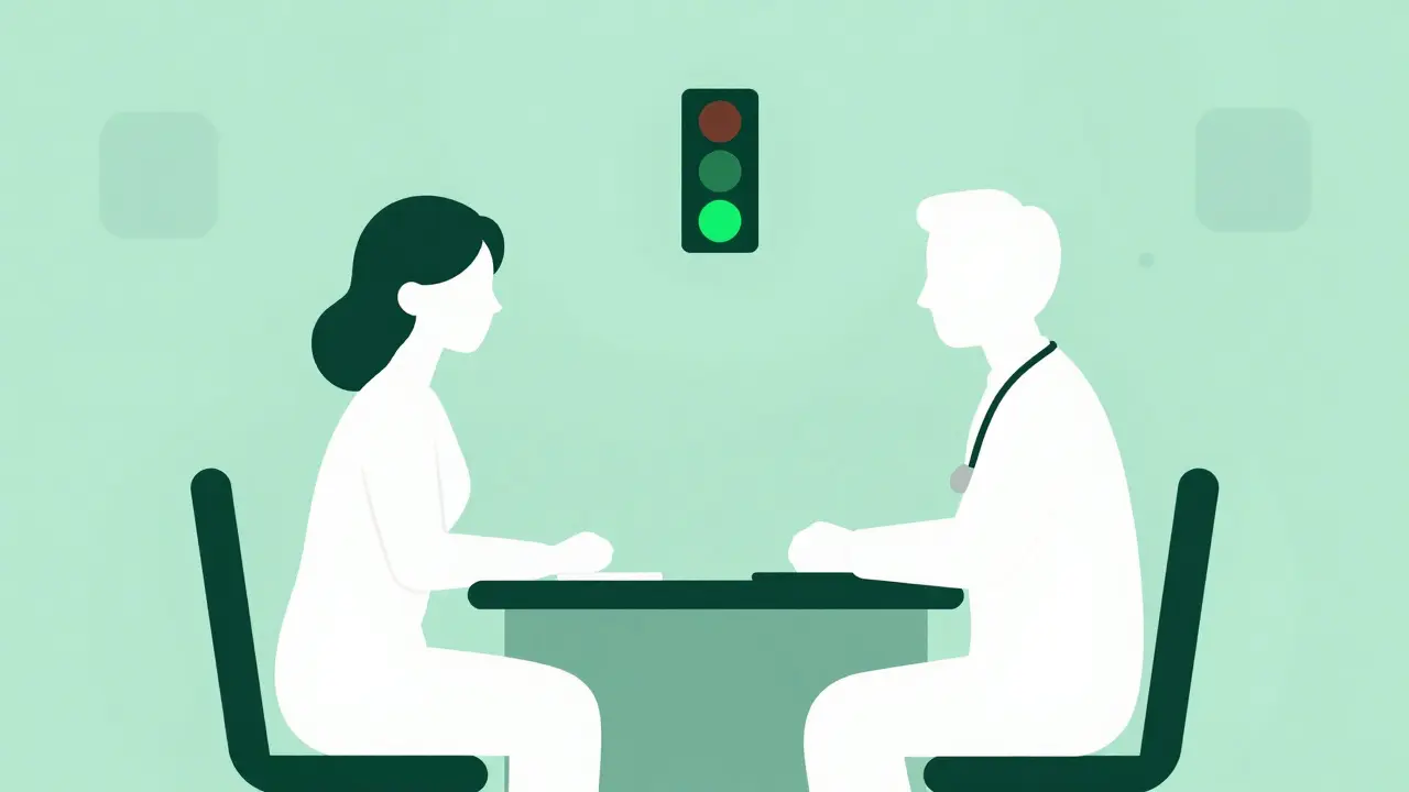 Patient consulting doctor with green safety signal icon