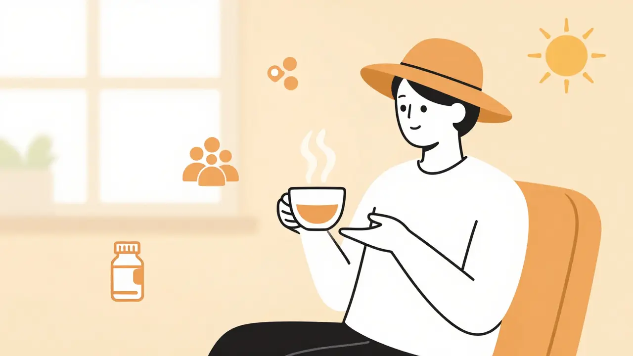 Person practicing self-care with support icons nearby
