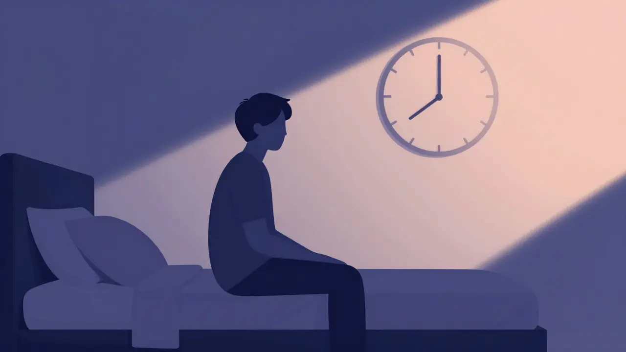 Person sitting slowly on bed edge to avoid dizziness in morning light