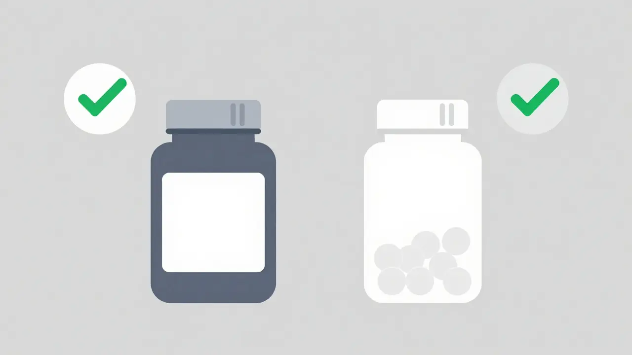 Side-by-side comparison of brand name and generic pill bottles