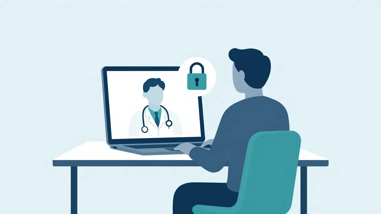Silhouette consulting a doctor via laptop with security icon