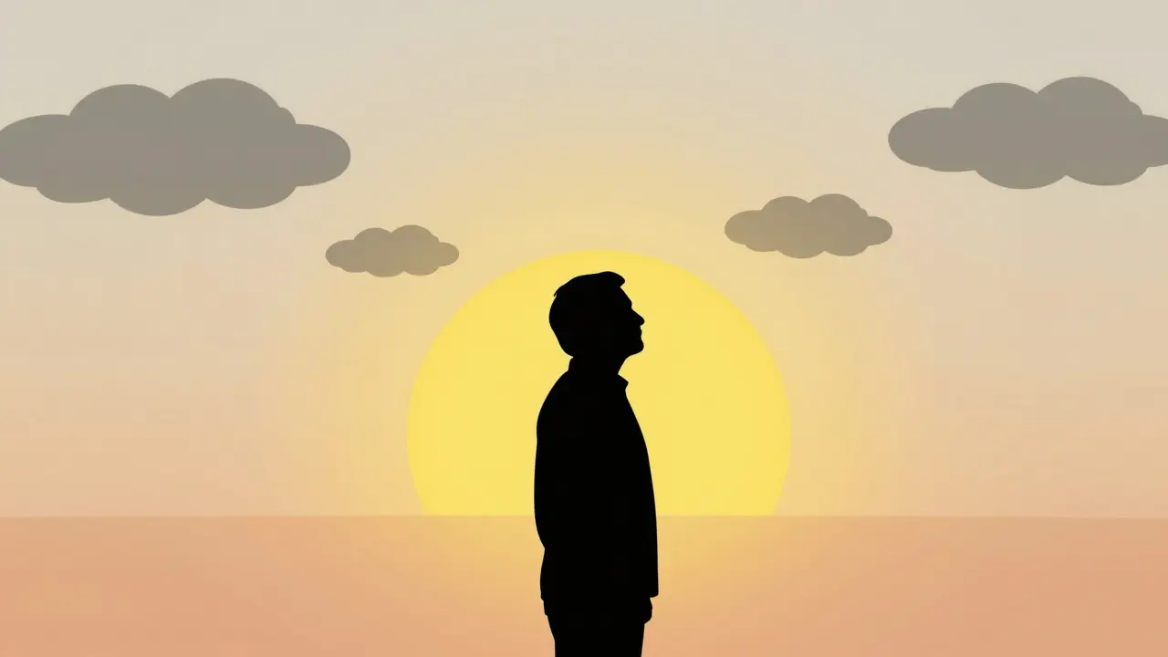Silhouette of senior facing sunrise as dark clouds fade